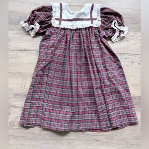 Vintage Bryan Red Plaid holiday prairie Dress With White Yoke With Lace